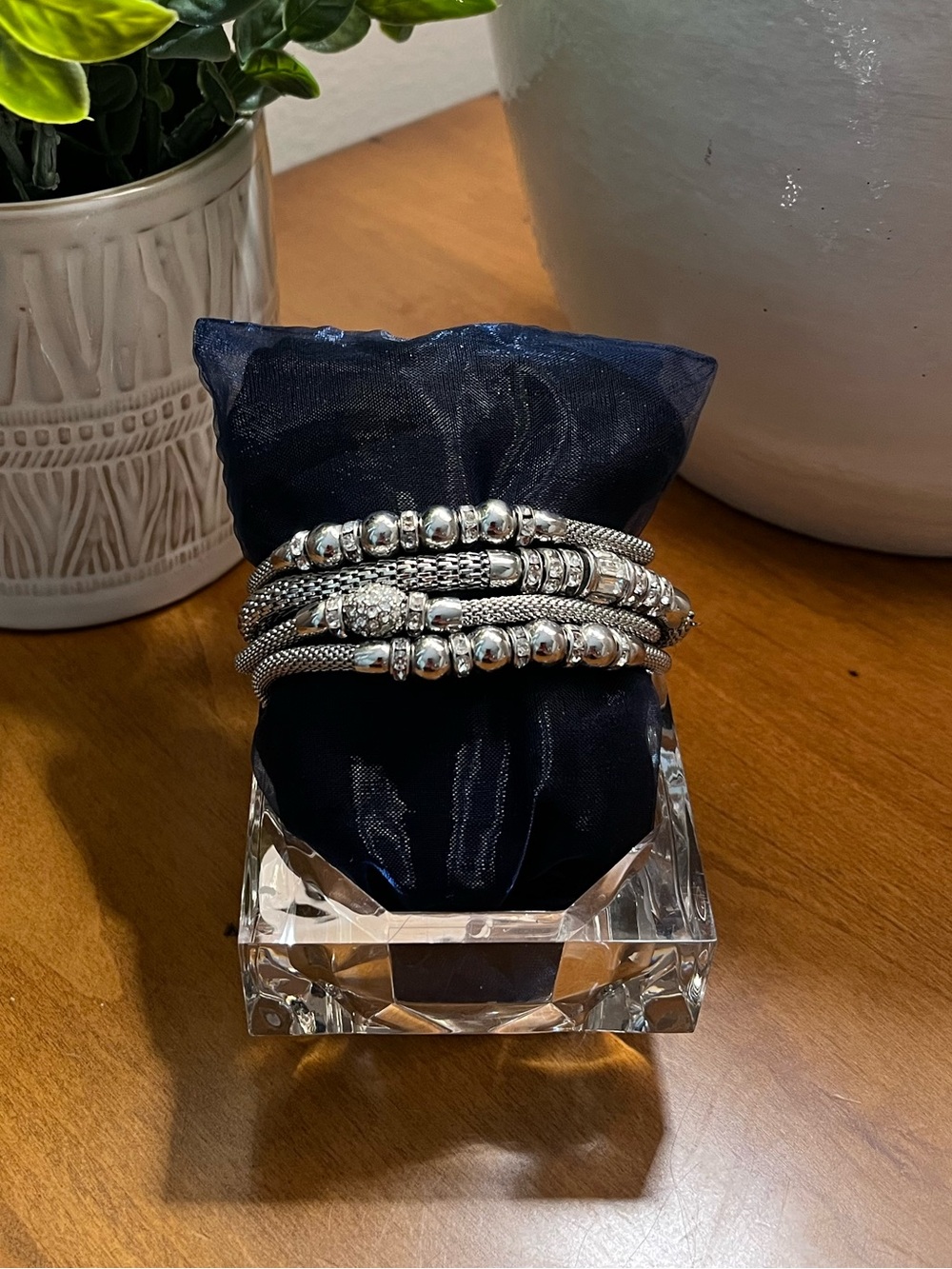 Stackable Silver-Tone Beaded Bracelet Set Layering